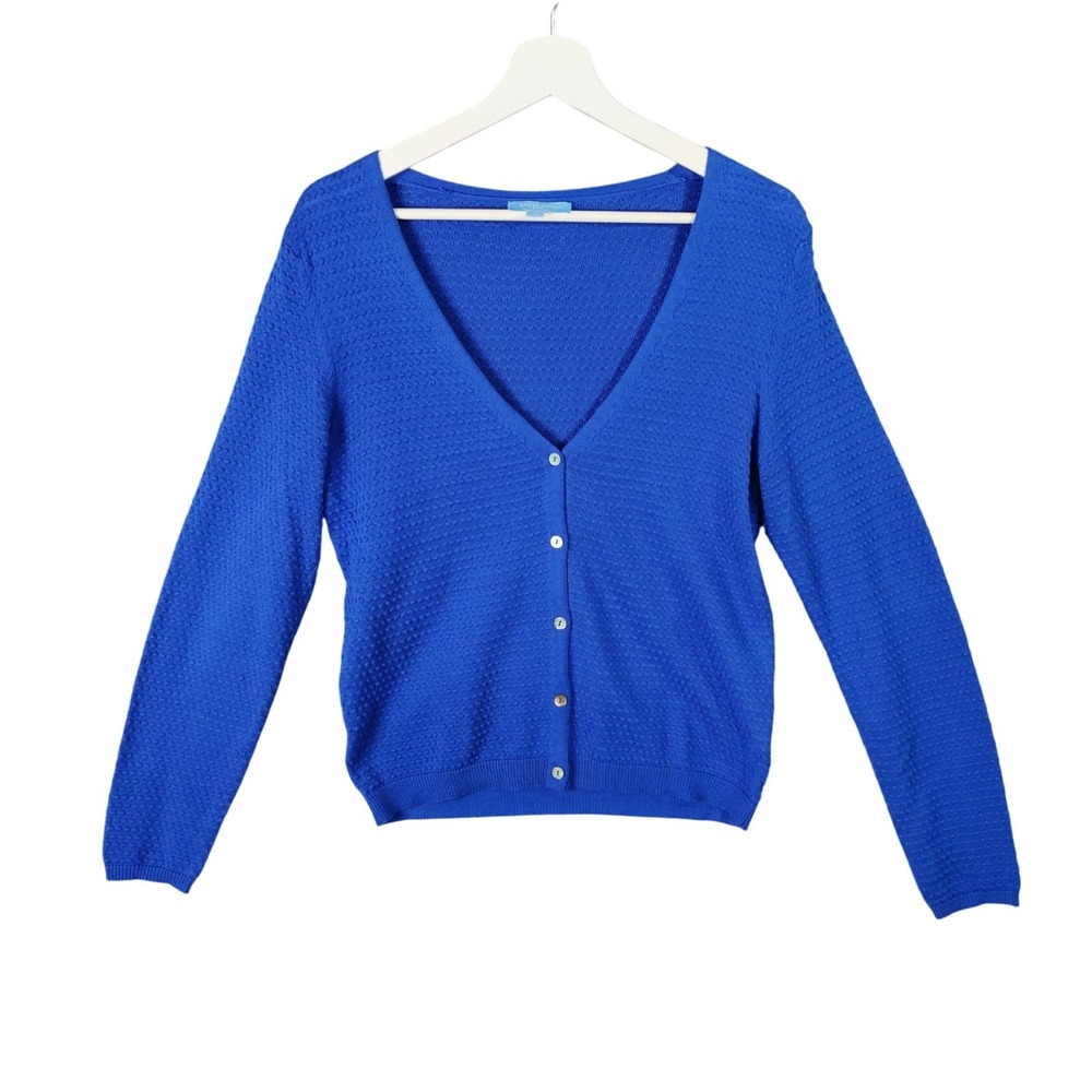 Draper James Women Preppy Coastal Knit Cardigan S Blue Textured Button Sweater